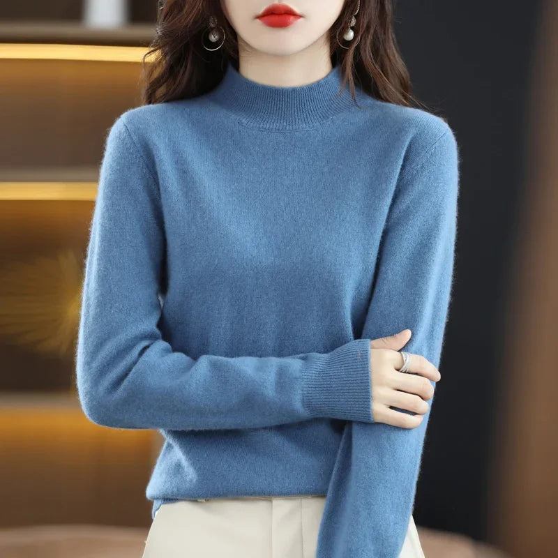 Women Sweater Long Sleeve Mock Neck Warm Winter Basic Knitted Pullovers Solid Loose Knitwear Casual Korean Fashion Jumper 2024