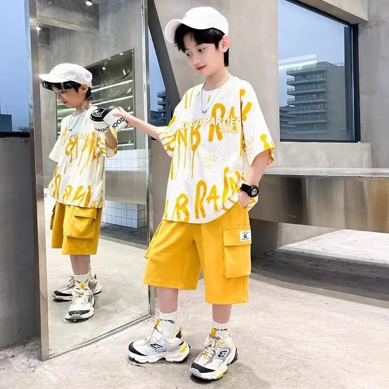 2024 Summer Boys Purple Sets Korean High Street Fashion Kids T-shirts Shorts 2 Piece Set High Quality Children's Sports Suits