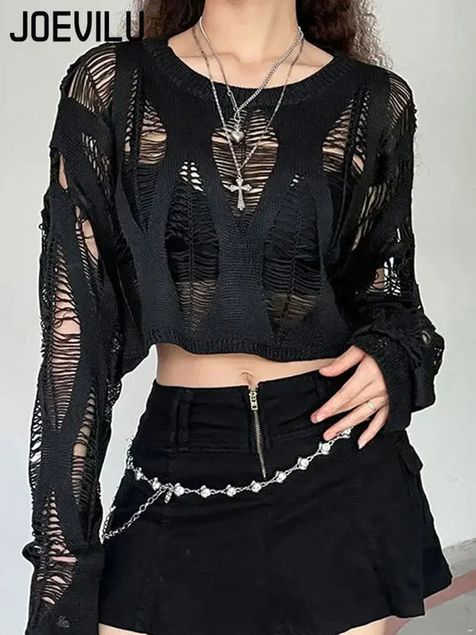 Perforated Hollow Out Knitted Blouse Sunscreen Long Sleeve Top Gothic Dark Black Sexy Thin Sweater Women's Summer Chic Crop Tops