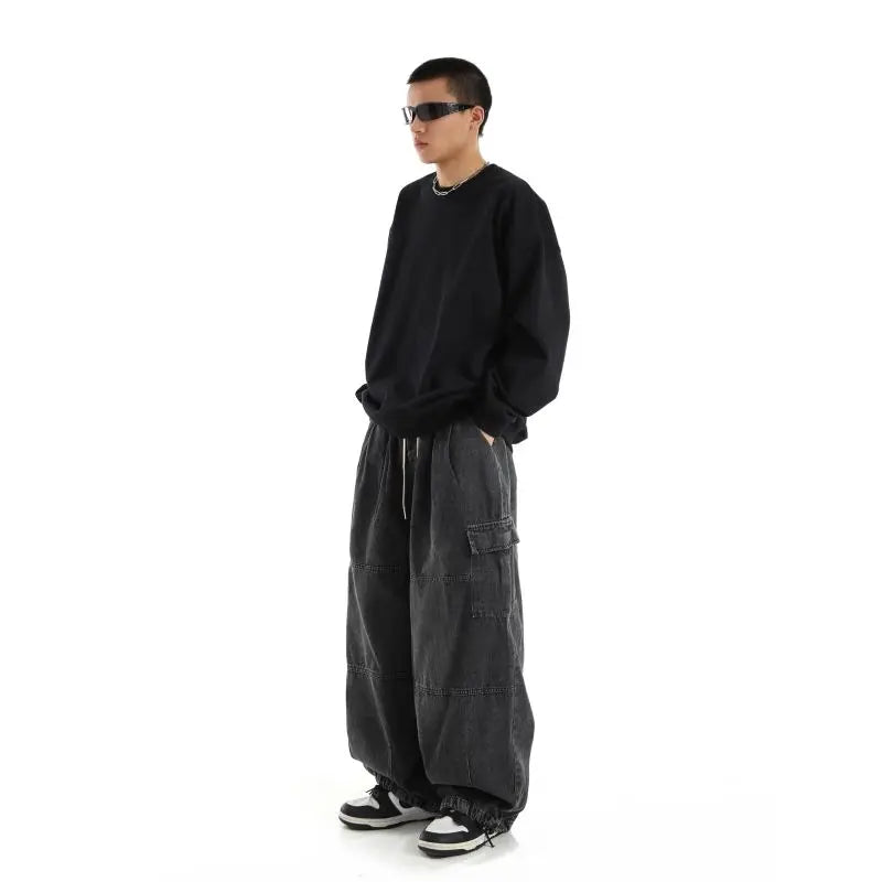 Y2k Black Baggy Cargo Jeans Trousers Men Streetwear Casual Hippie Jogging Wide leg Oversize Long Male Denim Pants