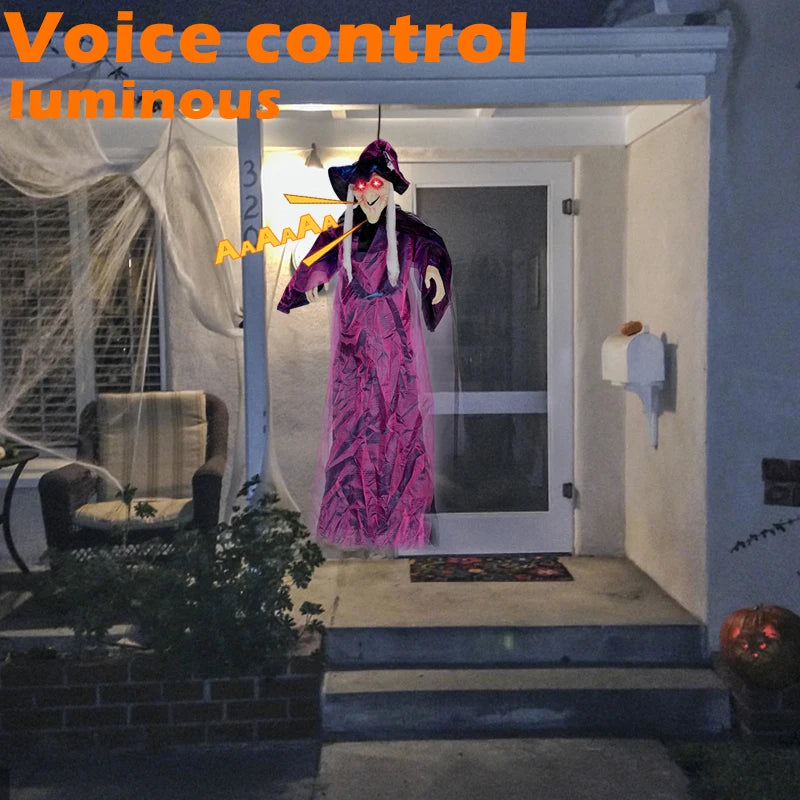 Halloween Decoration Witch Voice Controlled Horror Pendant with Glowing Prop for Indoor and Outdoor Home and Festival Decoratio