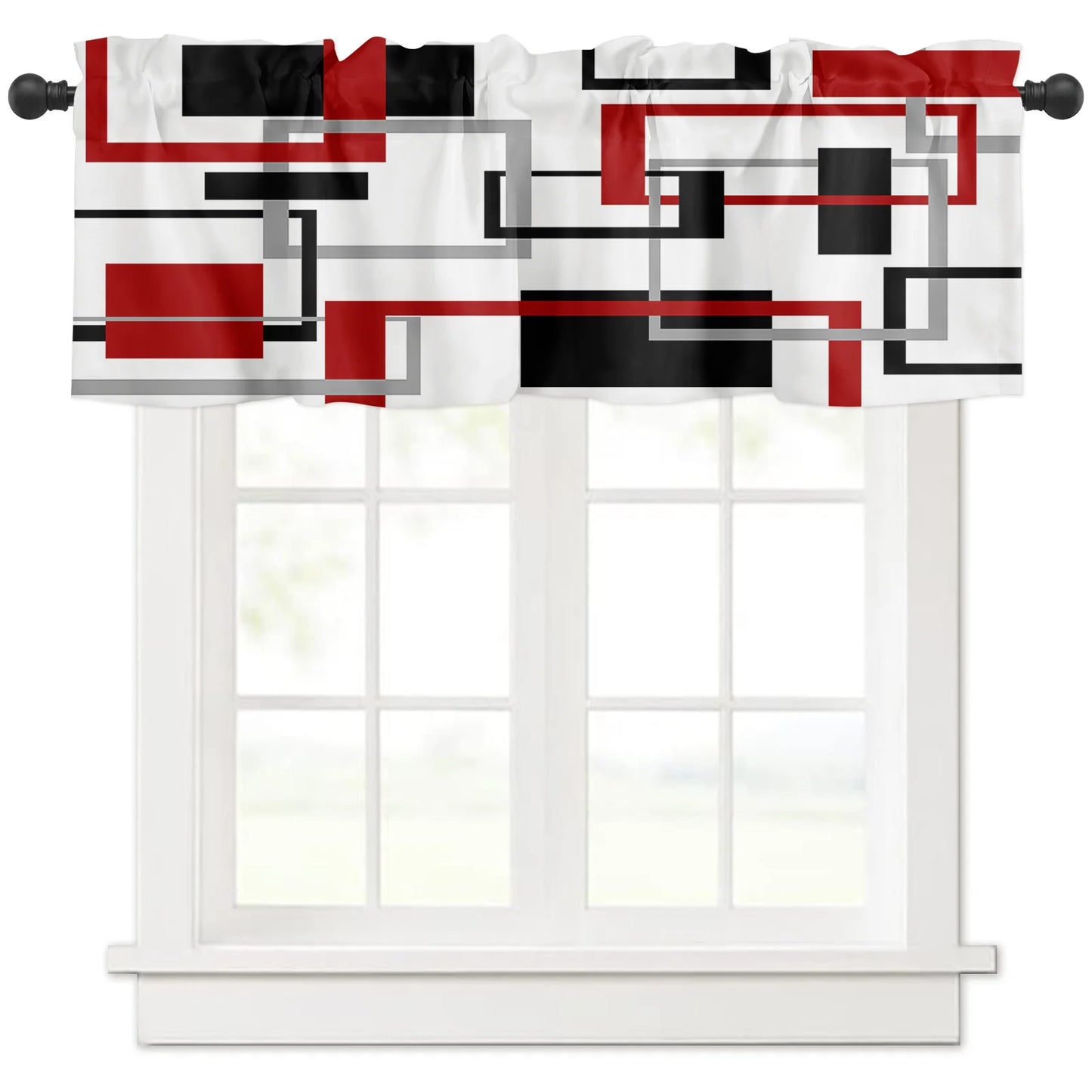 Abstract Geometric Squares Art Black Red Rod Pocket Short Curtain Half-Curtain For Home Kitchen Door Drape Cafe Small Window