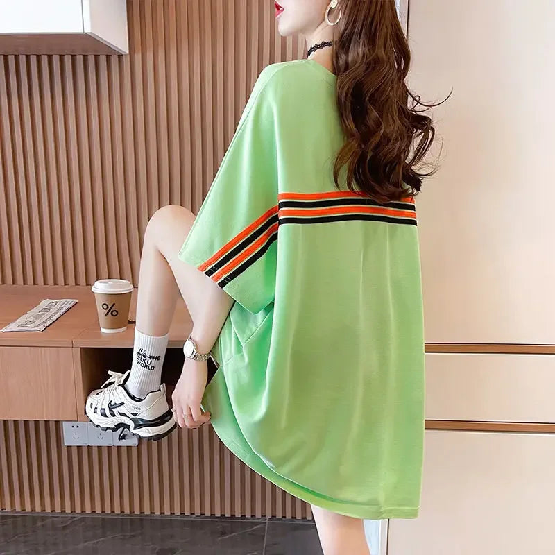 Tops Woman Long Baggy Graphic Anime T Shirt for Women Green Basic Korean Popular Clothes Trending Clothing Y2k Fashion Korea Tee