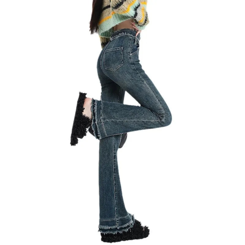 American High Street Retro Micro-flared Jeans for Women with Tassels Raw Edges Slim Stretchy Floor-length Tight Horseshoe Pants