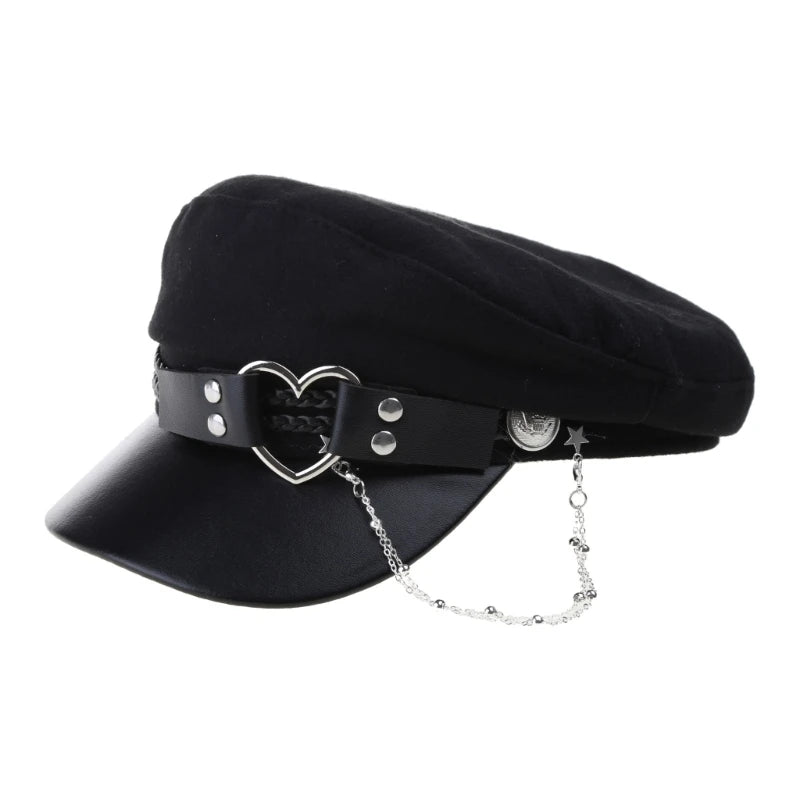 Lolita Girls Felt Beret Cap with Love Heart Buckle Belt Women Fashion Tassel Chain Octagonal Hat Adult Teens Party Cosplay Hat