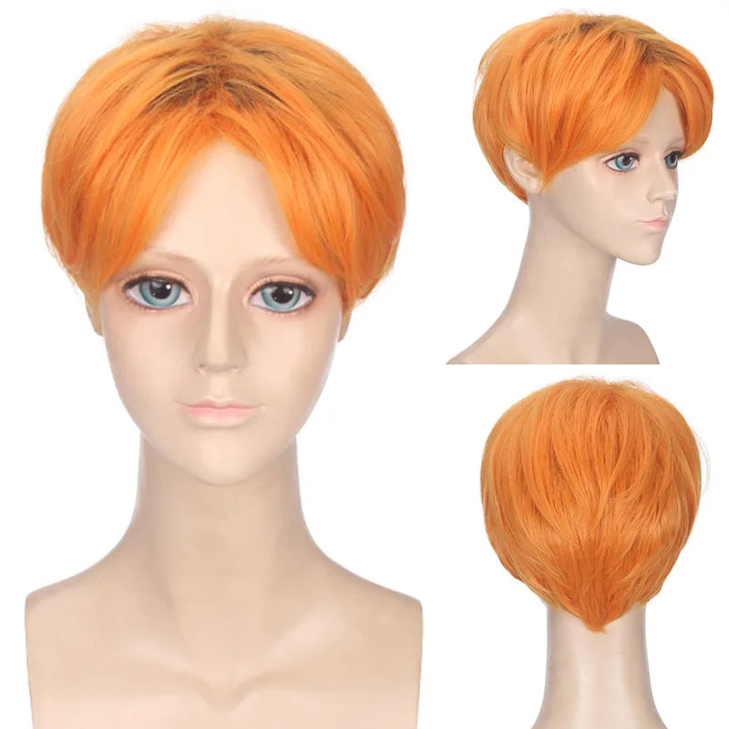 Synthetic Short Rainbow Wig Natural Straight For Men Orange Hair With Bangs Cosplay Anime Halloween Daily Wig