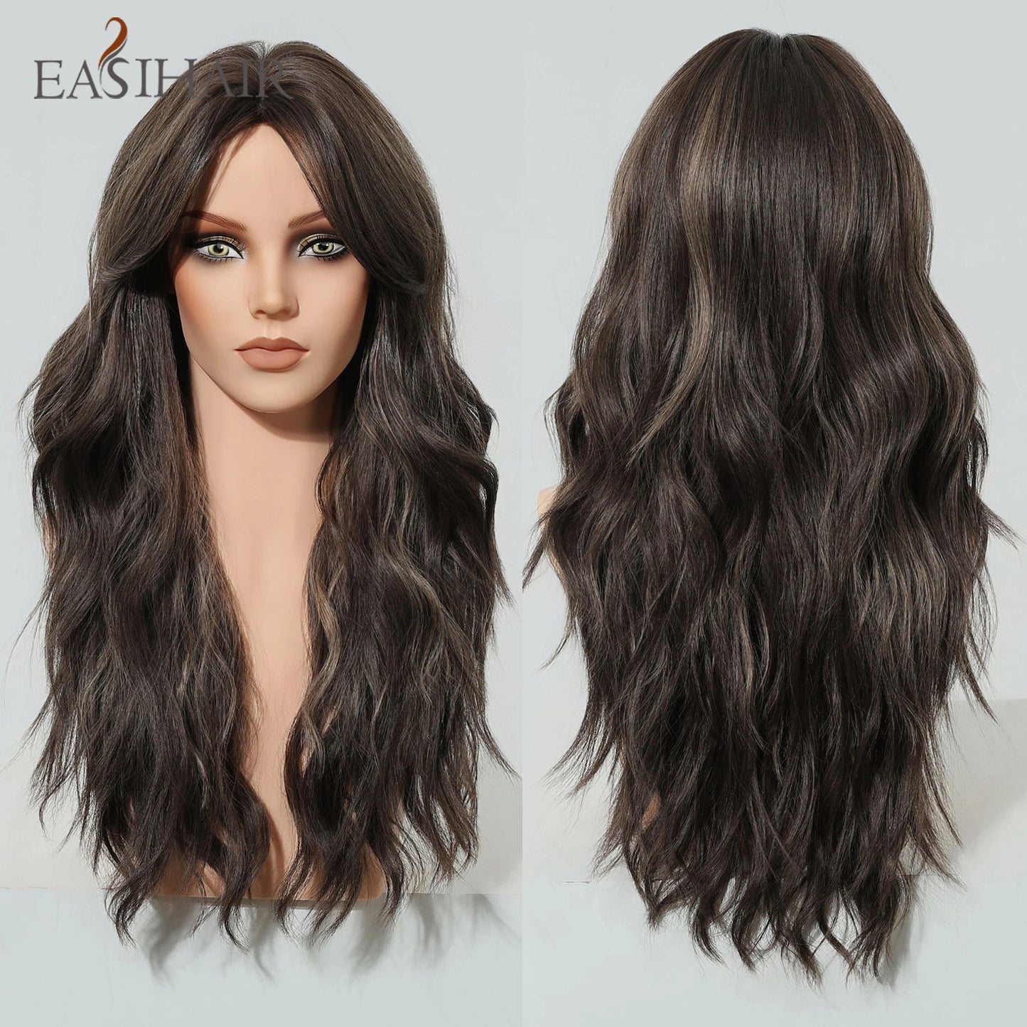 EASIHAIR Long Wavy Brown Synthetic Wigs for Women Dark Brown Wigs With Side Bangs Natural Hair for Daily Use Heat Resistant Wig