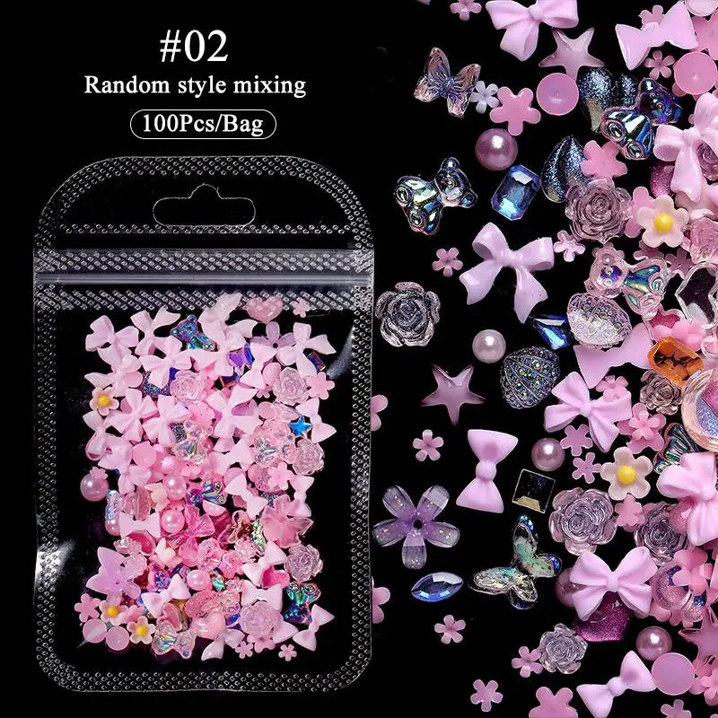 100pcs 3D Resin Pink Purple Nail Charm Flowers Heart Bear Mixed Nail Art Decoration Kawaii Pink Ribbon Bowknot DIY Nail Parts