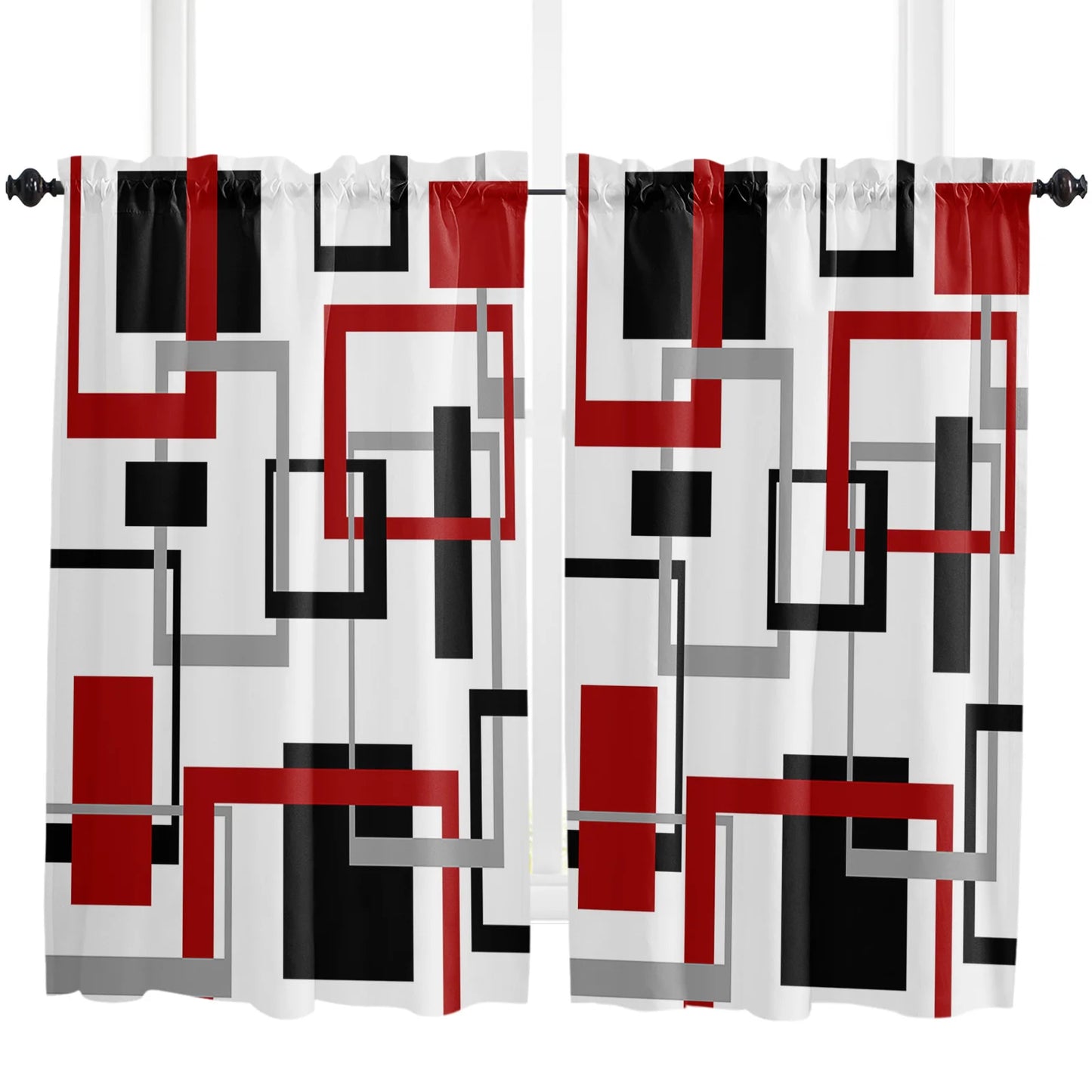 Abstract Geometric Squares Art Black Red Rod Pocket Short Curtain Half-Curtain For Home Kitchen Door Drape Cafe Small Window