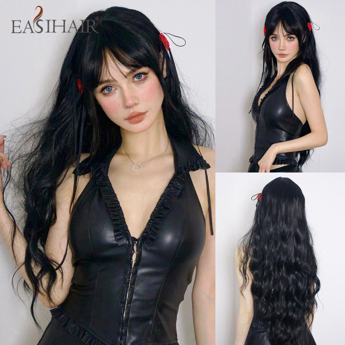 EASIHAIR Long Wavy Brown Synthetic Wigs for Women Dark Brown Wigs With Side Bangs Natural Hair for Daily Use Heat Resistant Wig