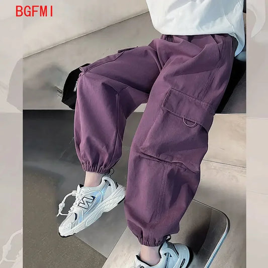 Girls Purple Casual Pants Big Children's Clothing Korean Black Cargo Long Pants Girls 2024 Spring Fashion New Cotton Trousers