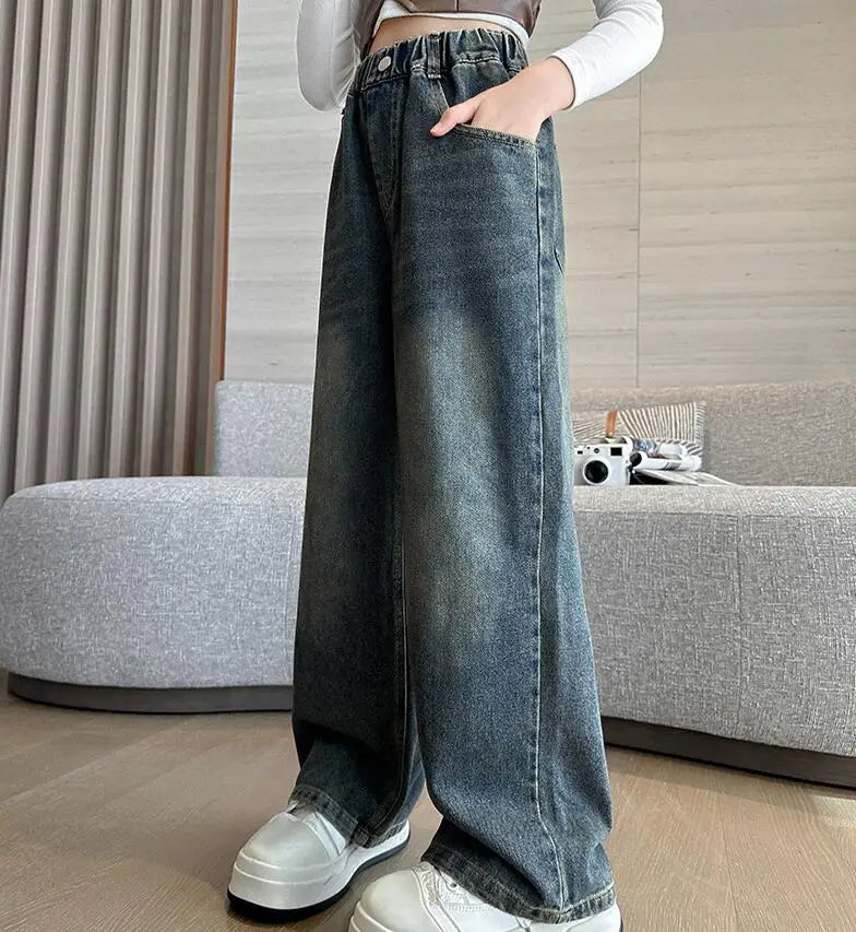 Girl Pocket Bow Embroidery Jeans New Teenage Children Wide Leg Denim Pants for Kids Loose Trousers Spring Autumn 4 -14 Years