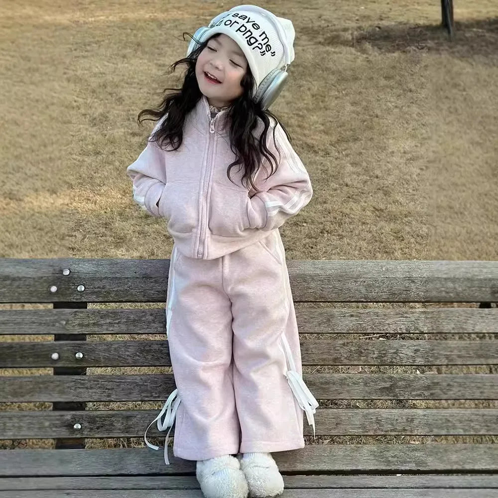 Autumn Baby Girl 2 Piece Clothes Set Solid Thicken Warm Zipper Kid Girl Coats Outfit Loose Straight Pant Toddler Girl Tracksuits