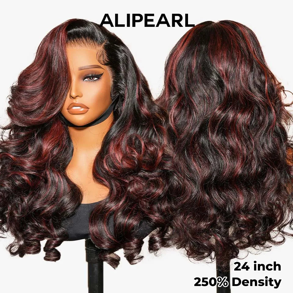 AliPearl Hair Burgundy Red Highlight Color Wig Customized Wave 5×7 Lace Closure & 13×4 Lace Frontal Wig Pre Cut Lace Pre Plucked