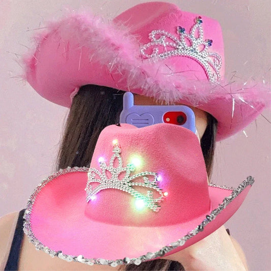 Western Cowboy Caps Pink Cowgirl Hat for Women Girl Tiara glow Cowgirl Hat Holiday Costume Party Hat Feather Edge Fedora Cap