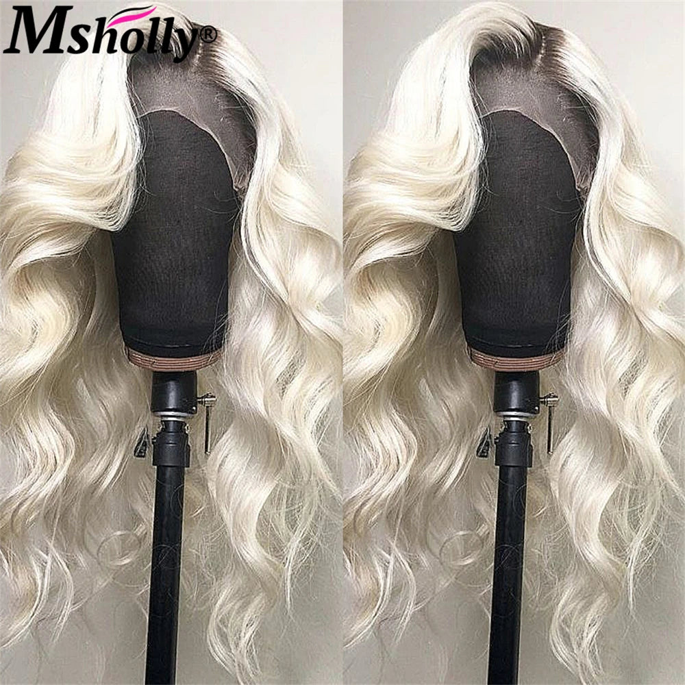 Highlight Platinum Blonde Body Wave Lace Front Human Hair Wigs With Dark Roots Pre Plucked 180% Density Free Part Wig Human Hair