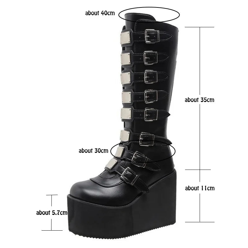 New Women's Cosplay Boots Multi-row Belt Buckle Long Tube Leather Knight Boot Punk Gothic Classic Black High Heel Shoe Knee-High