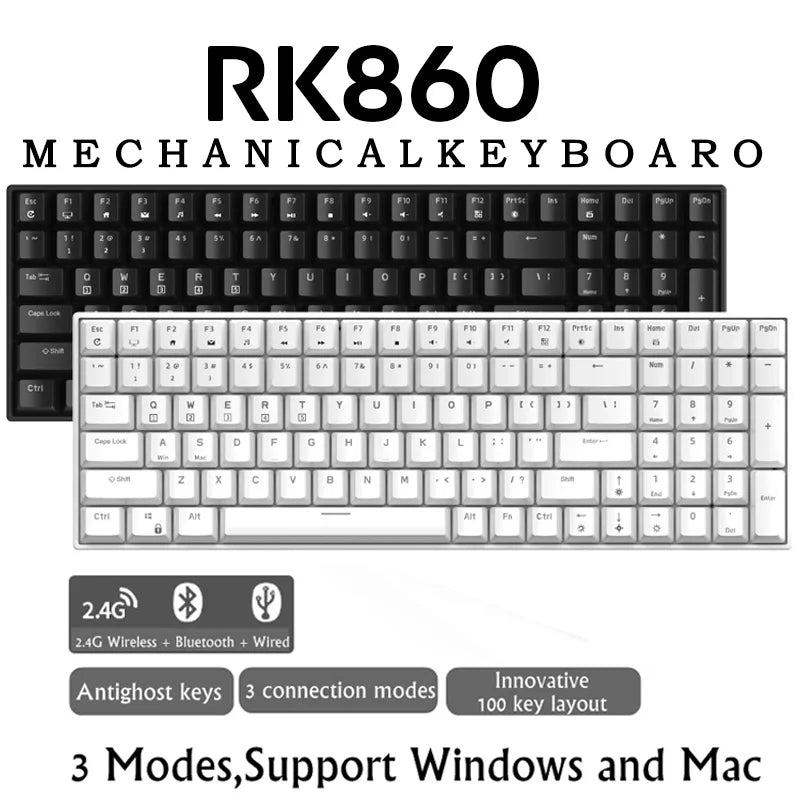 To RK100 2.4G Wireless/Bluetooth/Wired RGB Mechanical Keyboard 100 Keys Hot Swappable Gaming Keyboard for Win/Mac