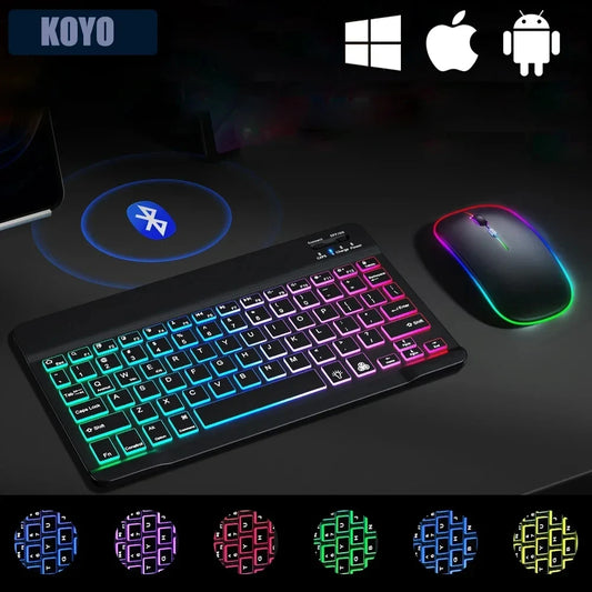 Mini Backlit RGB 10inch Bluetooth Keyboard Wireless mouse Rechargeable for Spanish Russian Hebrew Korean French Arabic Portugal