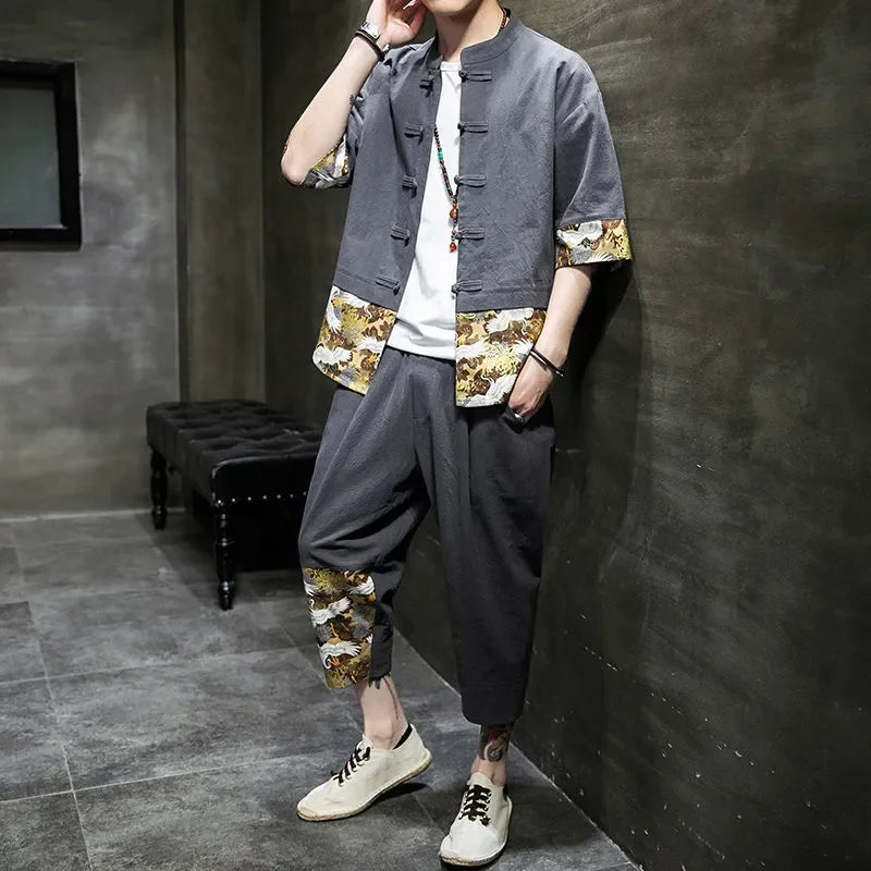 Man Trousers Sets Print Black Shirts Pants Suits for Men Graphic Stylish Original Brands Summer Clothes Casual High Quality Cool