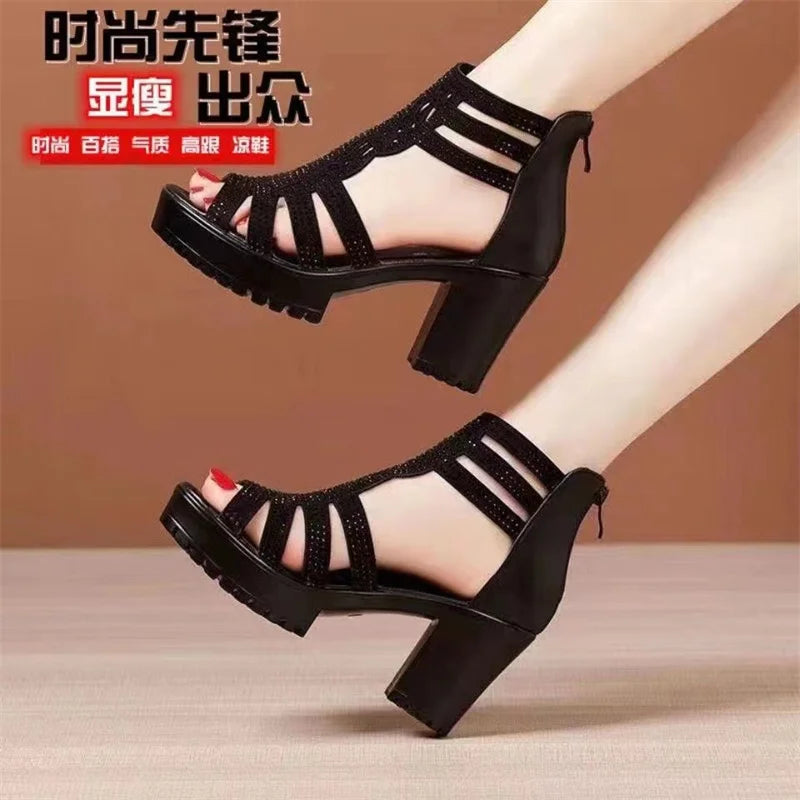 Summer Women's High Heel Shoes Rome Women's Peep Toe Platform Chunky Heel Gladiator Sandals Outdoor Zip Dress Party Heeled Shoes