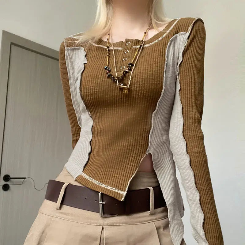 Knitted Slim Tshirt Top for Women 2024 Tee Crop Cotton Crochet Woman T-shirt Clothing V Neck with Sleeves Beautiful Trend New In