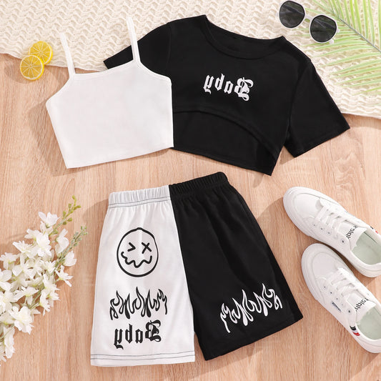 2024 Kids Girls Clothing Set Summer Short Sleeve Fashion Three Piece Girls Suit Color Block Children Outfits Girls Clothes 8-12Y