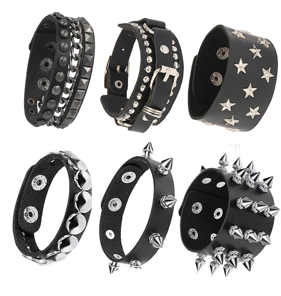 Punk Unique Row Spikes Rivet Stud Wide Cuff Leather Bracelet Punk Gothic Rock Unisex Bangle Bracelet Men Jewelry