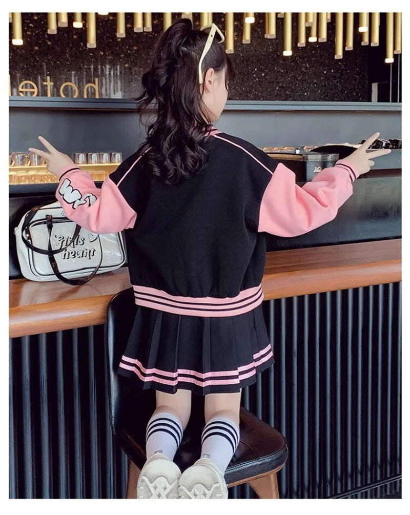 Girls Sports Clothing Suit Spring Autumn Baseball Sets Children Jacket Pleated Skirt 2Pcs Kids Fashion Outfits 4-14 Years