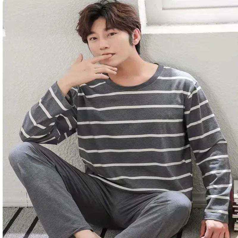 Men's Round Neck Home Wear Long-Sleeved Long Pants Suit Spring and Winter Models of Casual Striped Pajamas Two-Piece Set