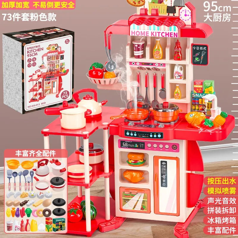 95cm Large Kids Play House Kitchen Set Spray Kitchen Girl Baby Mini Food Cooking Simulation Dining Christmas Table Toys Gifts