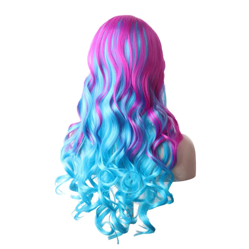 Synthetic Hair Blue Rainbow Wig With Bangs Wavy Party Cosplay Female Wigs For Women Long Anime Wig Colored Red Pink Brown Yellow