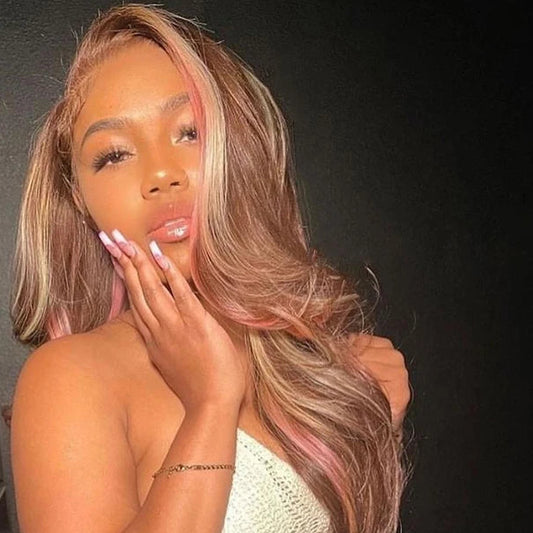 Highlight Pink Brown Colored 5X5 Lace Closure Wig Pre Plucked 100% Human Hair Wig for Women Transparent Lace 13X4 Frontal Wig