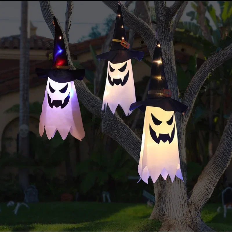 Halloween LED Flashing Light Hanging Ghost Halloween Party Dress Up Glowing Wizard Hat Lamp Horror Props Home Bar Decoration