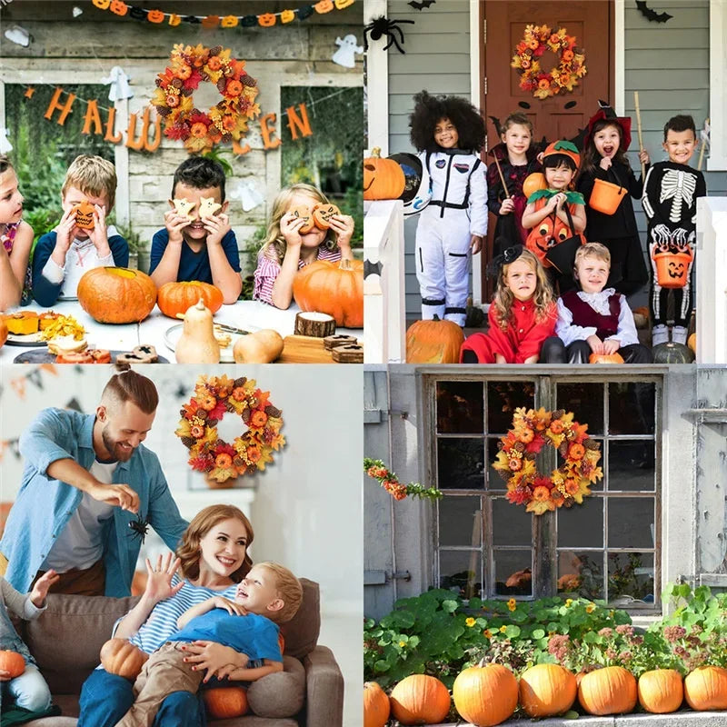 45cm Fall Wreaths Pumpkin Berry Maple Leaf Artificial Wreath Harvest Autumn Front Door Wreath Christmas Halloween Home Decor