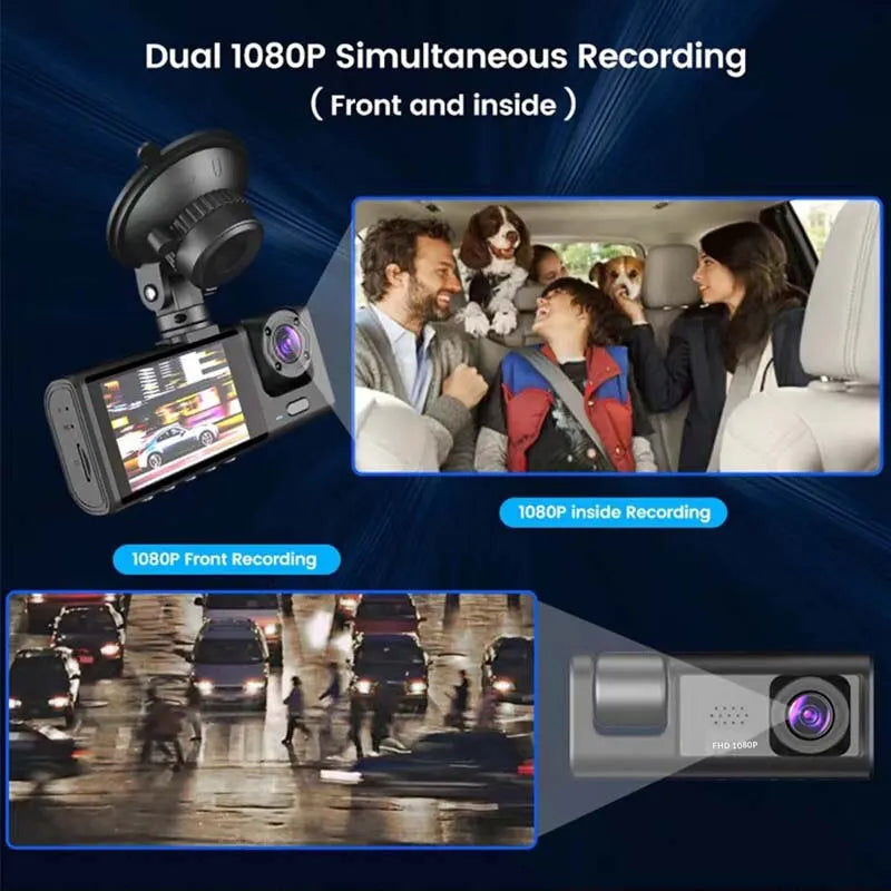 Dash Cam 1080P Car Video Recorder W/ IR Night Vision Loop Recording & 2" IPS Screen 1080P 3 Camera Black Box