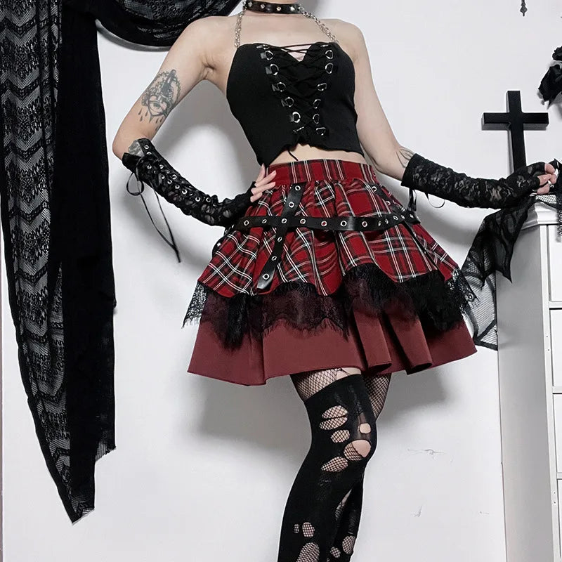 Y2k Lolita Cake Mini Skirts Gothic Harajuku Girls Plaid Pleated Skirt Punk Sweet Lace Kawaii Clothing Cosplay Costume