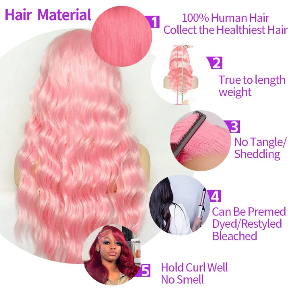 Light Pink 13X6 Body Wave HD Transparent Lace Frontal Wig 30 Inch 13X4 Long Loose Wave 100% Colored Human Hair Wigs For Women