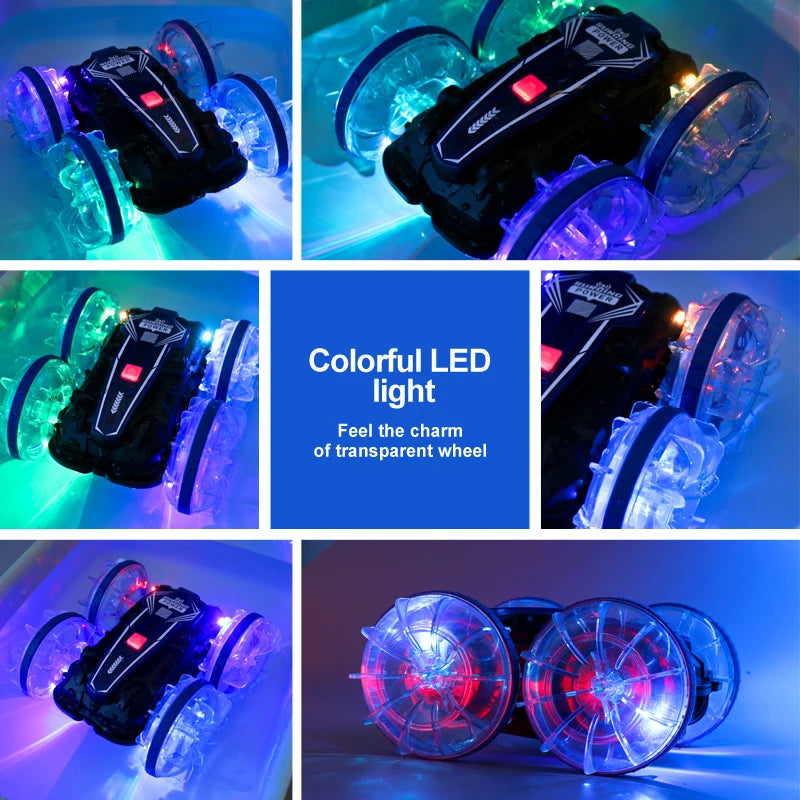 New LED Amphibious RC car Dual remote control waterproof stunt car double side flip drift drive 360 ° rotation rc cars Kids toy