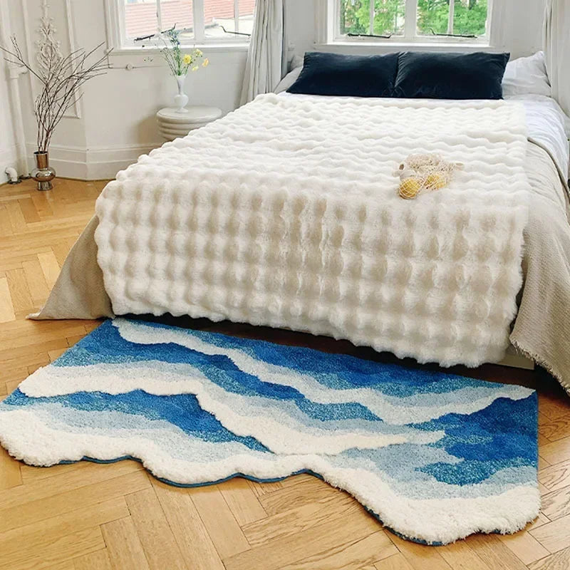 Aesthetic Wave Rug High-Quality Flocking Antislip Carpet Bathroom Blue Sea Tufted Carpet House Decoration Kid Room Bedside Rug