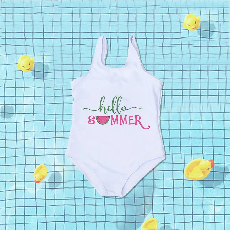 Girls Swimwear Hello Summer Watermelon Print Girls Swimsuit One Piece Toddlers Outfit Bathing Suit Cute Baby Bikini Beachwear