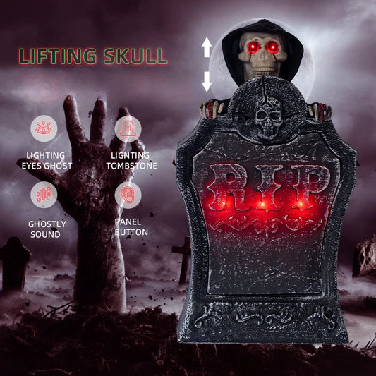 Halloween Tombstone Electric Movable Skull Tombstone with Flashing Lights Creepy Sound Halloween Outdoor Garden Lawn Decoration