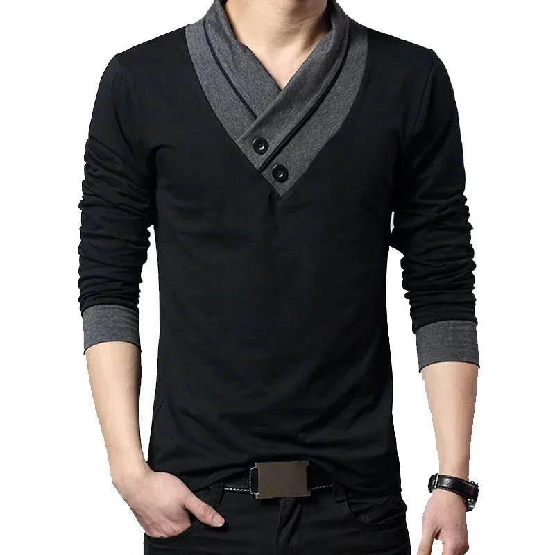 2024 Fashion Brand Trend Slim Fit Long Sleeve T Shirt Men Patchwork Collar Tee V-Neck Men T-Shirt Cotton T Shirts Plus Size 5XL