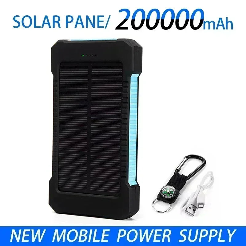 New 200Ah External Battery Solar Power Bank LEDSOS Flashlight FAST Charging Portable Waterproof Powerbank for Smart Mobile Phone