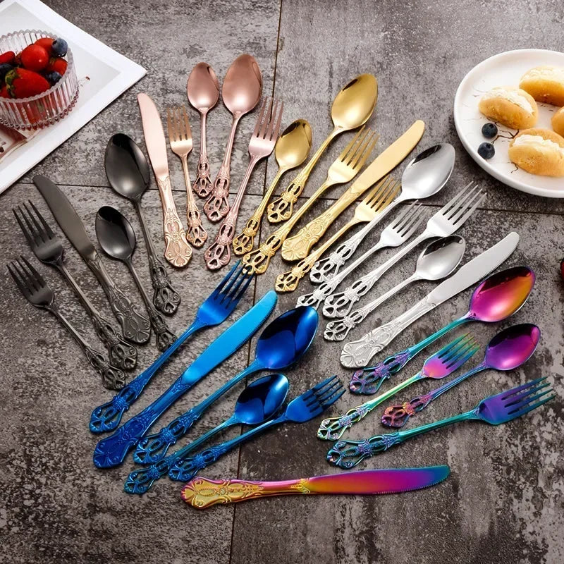 Golden Stainless Steel Cutlery Set Luxury Complete Dinnerware Set Royal Spoon Forks European Gift Box Retro Christmas Tableware