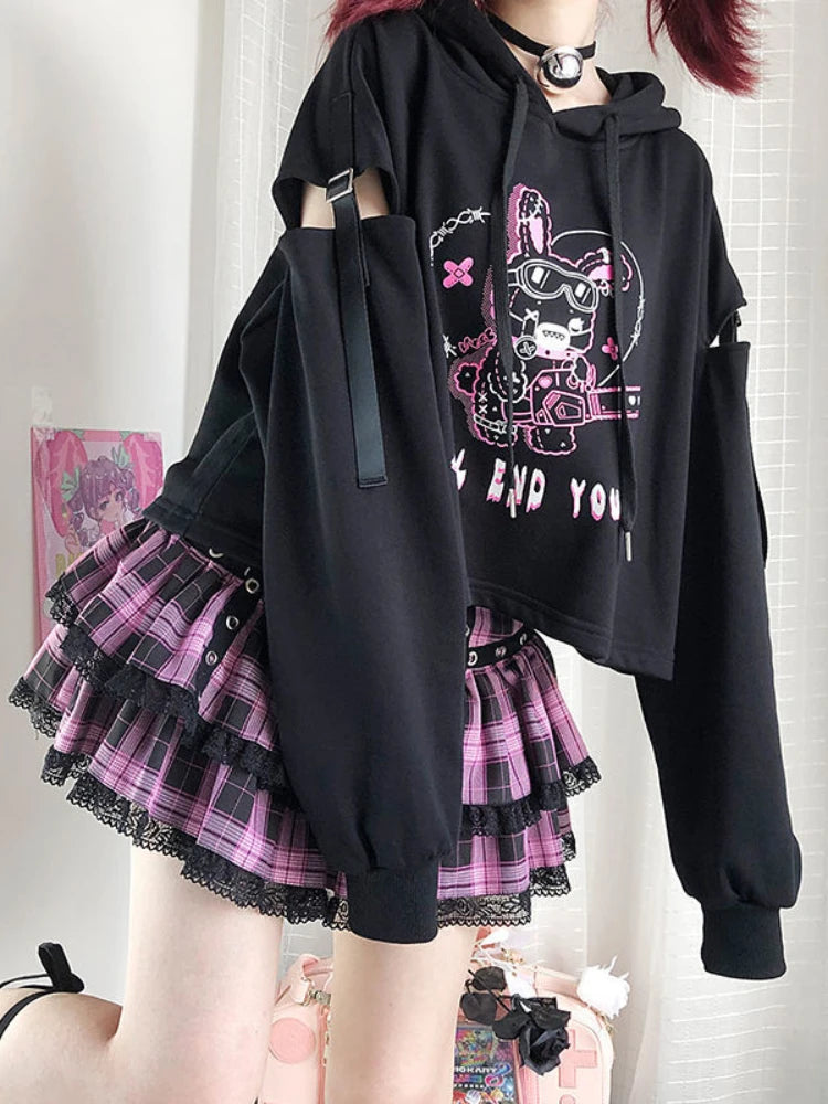 Spring Autumn New Hoodies Punk Gothic Patchwork Hollow Out Y2k Clothes Cartoon Print Casual Loose Preppy Style Crop Sweatshirts