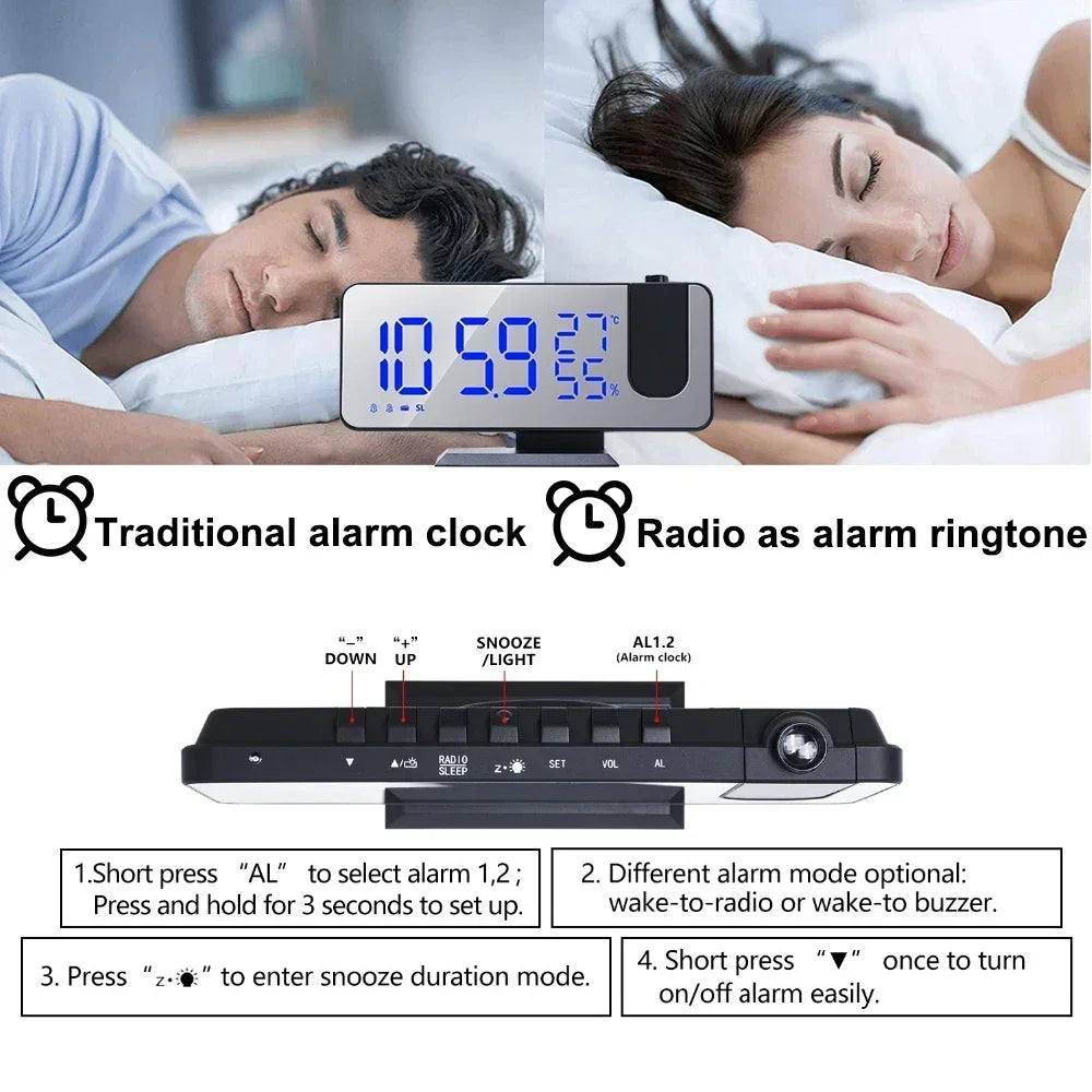 LED Digital Projection Alarm Clock Electronic Alarm Clock with Projection FM Radio Time Projector Bedroom Bedside Mute Clock