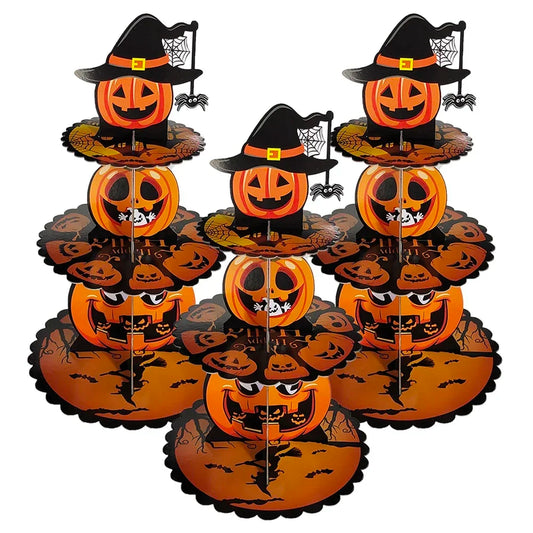 Halloween Dessert Tower Spooky Face Arachnid Gourd 3 Tier Cupcake Display Witch Cap Topped Paper Stand Eerie Festivity