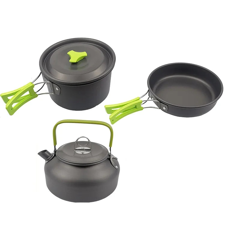 3pcs/Set Portable Non Stick Aluminum Alloy Camping Cookware Tableware Outdoor Kettle Teapot Frying Pan Pot Cooking Picnic Hiking