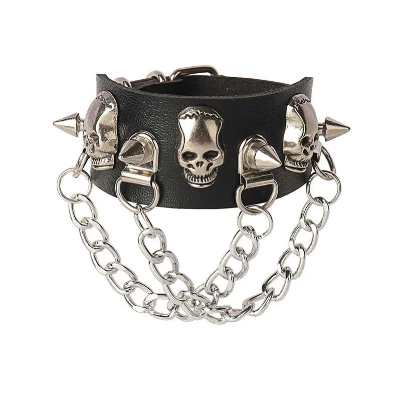 2022 Skull Star Heart Punk Gothic Rock Three Row Metal Stud Spikes Rivet Pu Leather Wristband Bangle Wide Cuff Bracelet